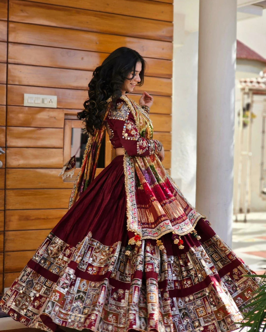Red Color Mirror Work Digital Printed Lehenga Choli