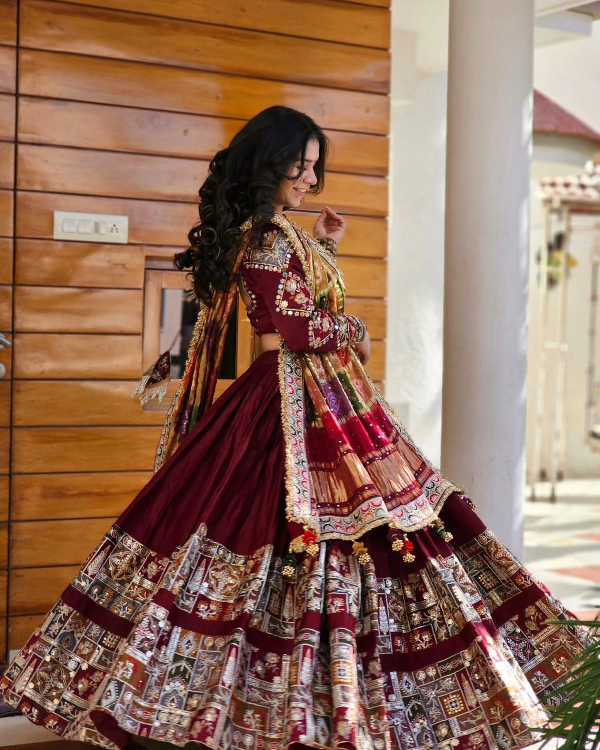Red Color Mirror Work Digital Printed Lehenga Choli
