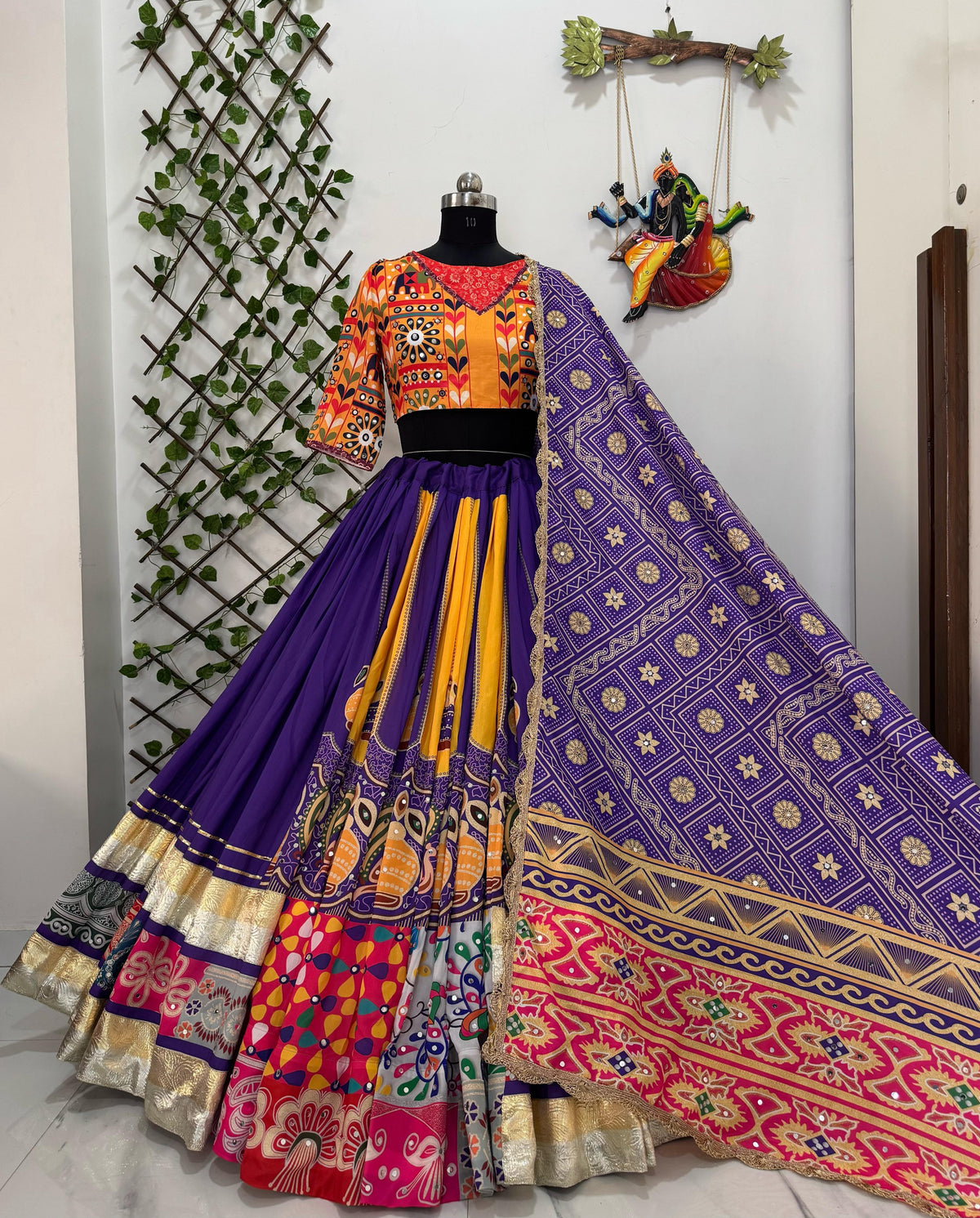 Purple Color Trendy Mirror Work Printed Hit Navratri Chaniya Choli