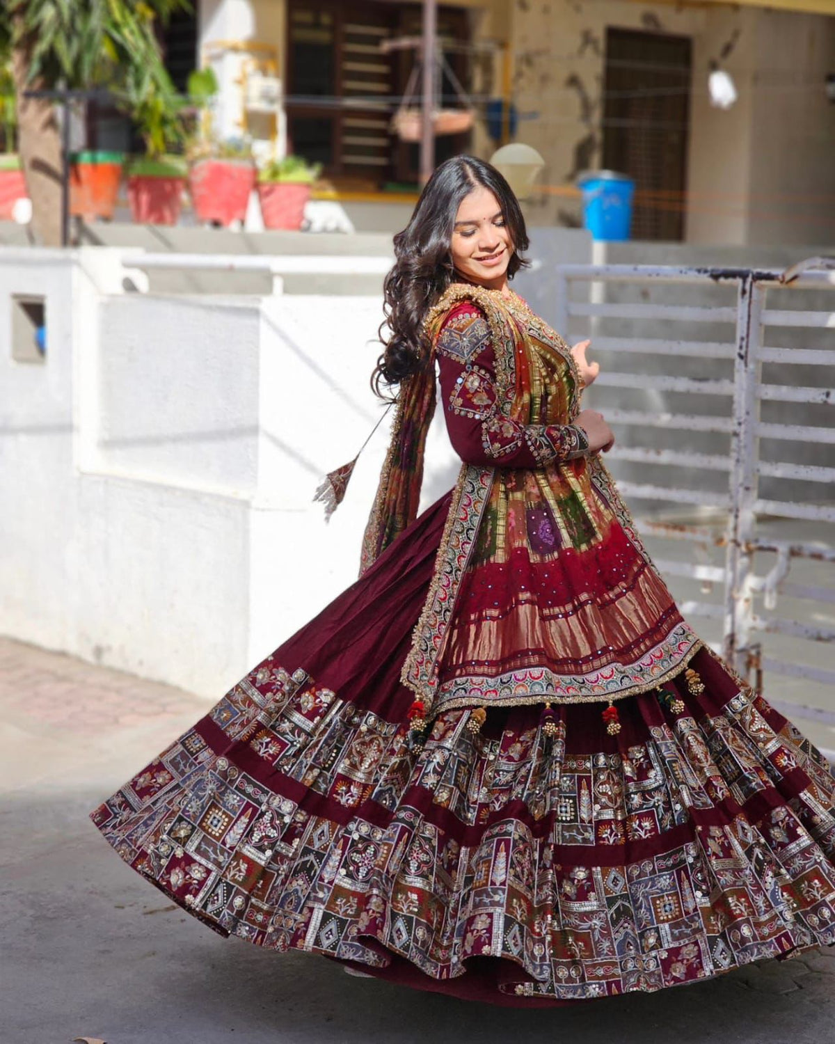 Red Color Mirror Work Digital Printed Lehenga Choli