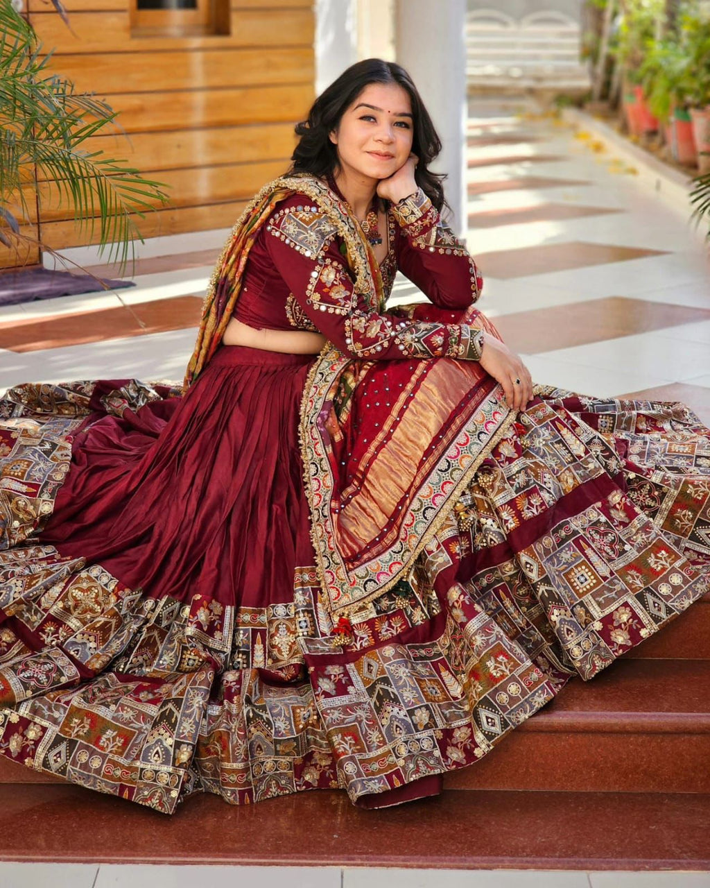 Red Color Mirror Work Digital Printed Lehenga Choli