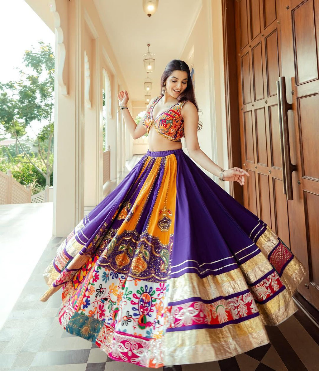 Purple Color Trendy Mirror Work Printed Hit Navratri Chaniya Choli