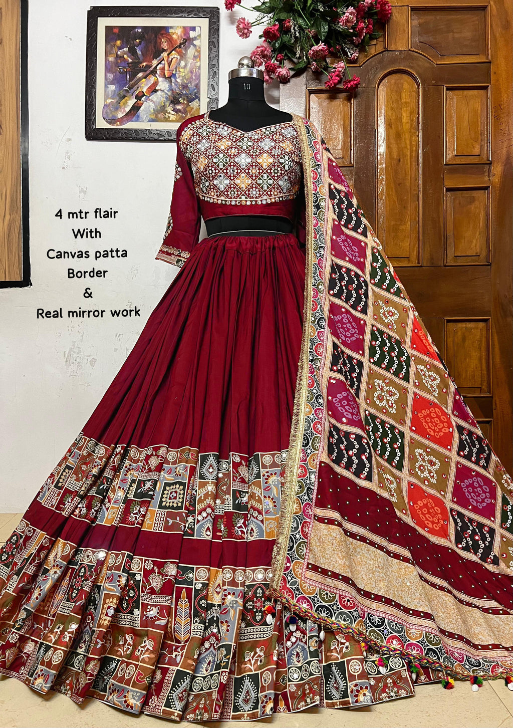 Red Color Mirror Work Digital Printed Lehenga Choli