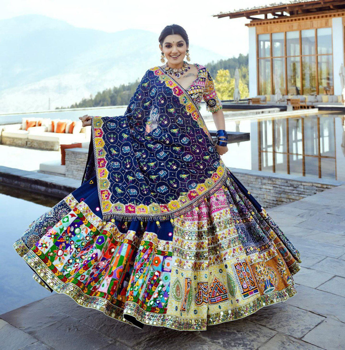 Blue  Color Muslin  With Digital Print Real Mirror Work Lehenga Choli