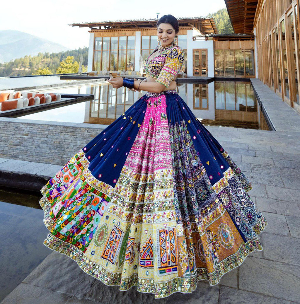 Blue  Color Muslin  With Digital Print Real Mirror Work Lehenga Choli