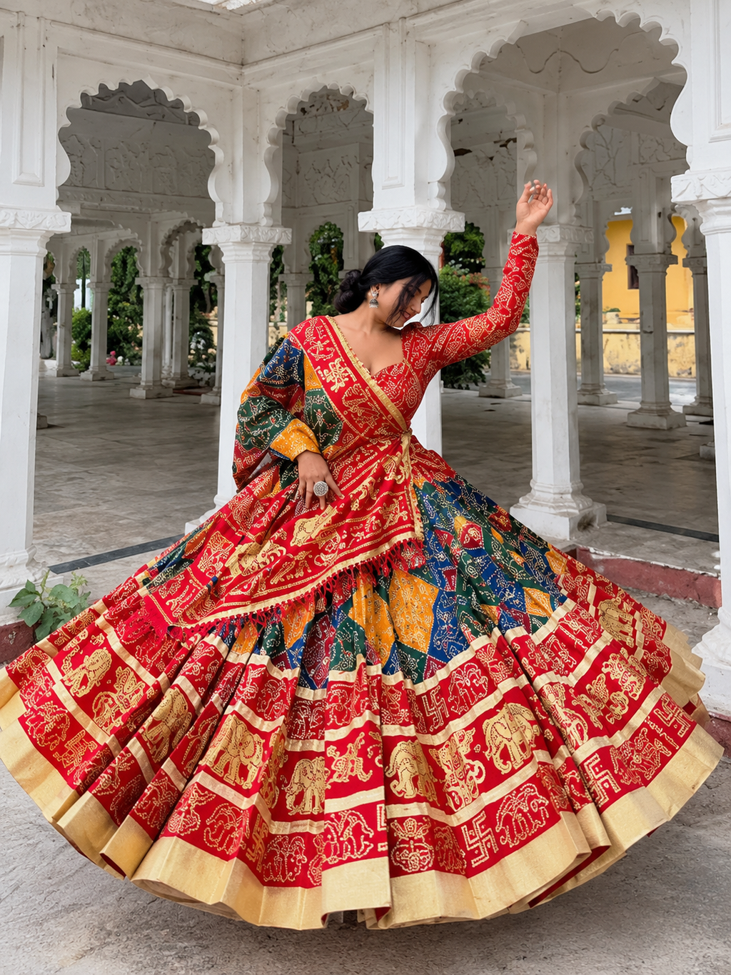 Multi Bandhej Print Mirror Work Navratri Lehenga Choli