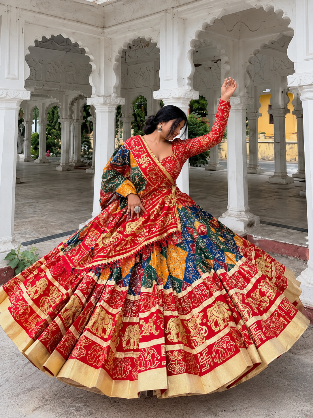 Multi Bandhej Print Mirror Work Navratri Lehenga Choli