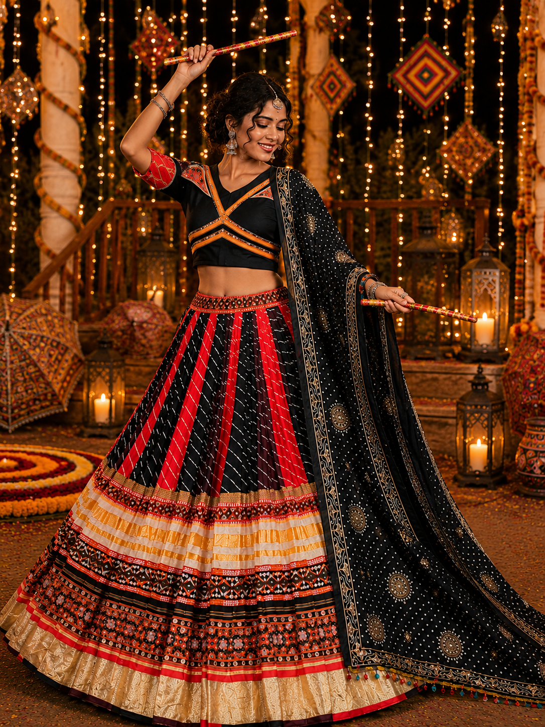 Black-Red Mirror Work Muslin Navratri Lehenga Choli