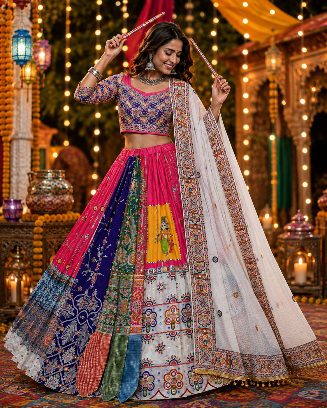 Pink Mirror Work Digital Printed Navratri Lehenga Choli