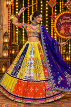 Yellow Peacock Printed Mirror Work Navratri Lehenga Choli