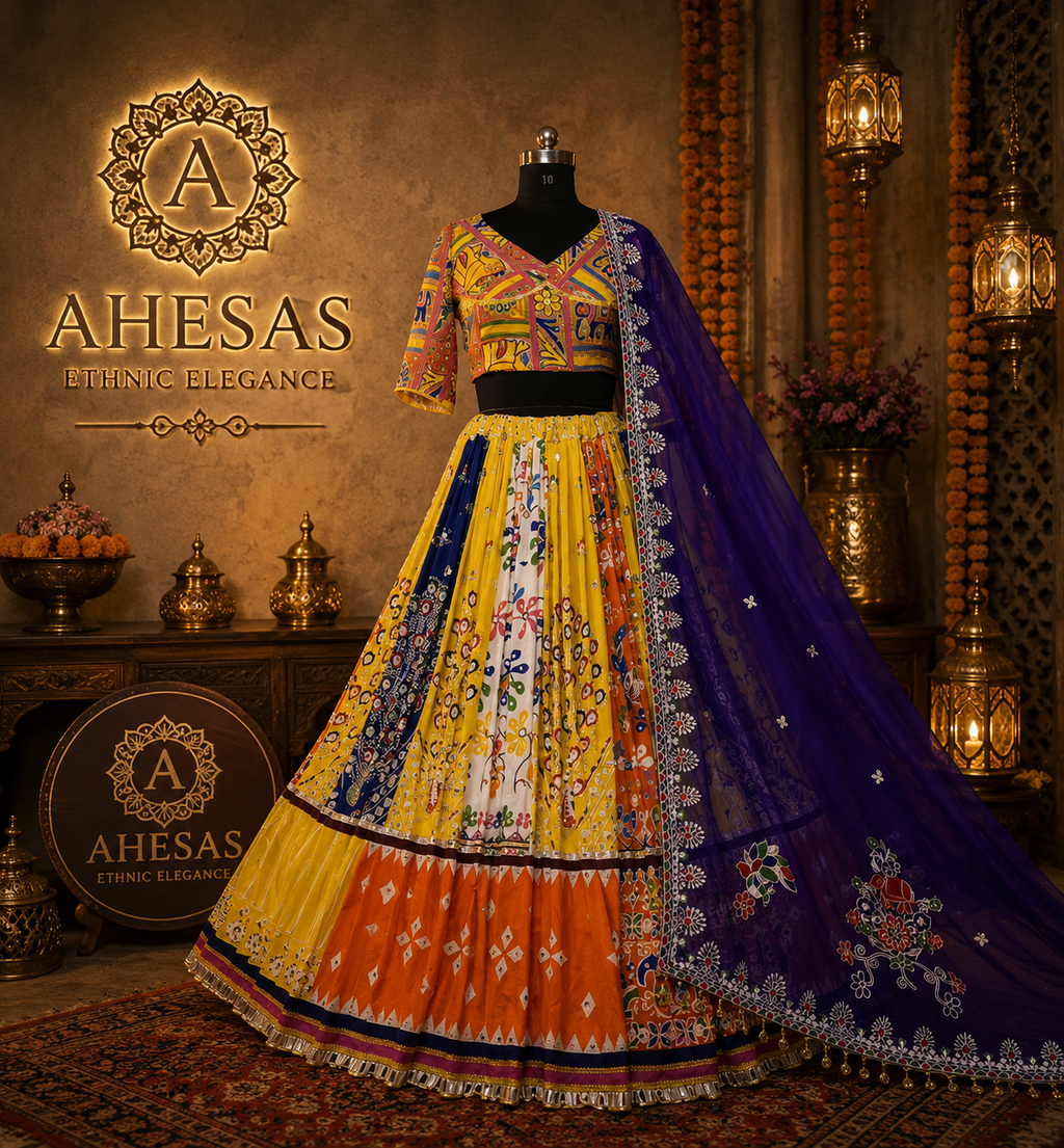 Yellow Peacock Printed Mirror Work Navratri Lehenga Choli
