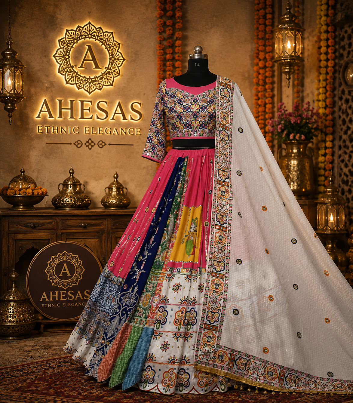Pink Mirror Work Digital Printed Navratri Lehenga Choli