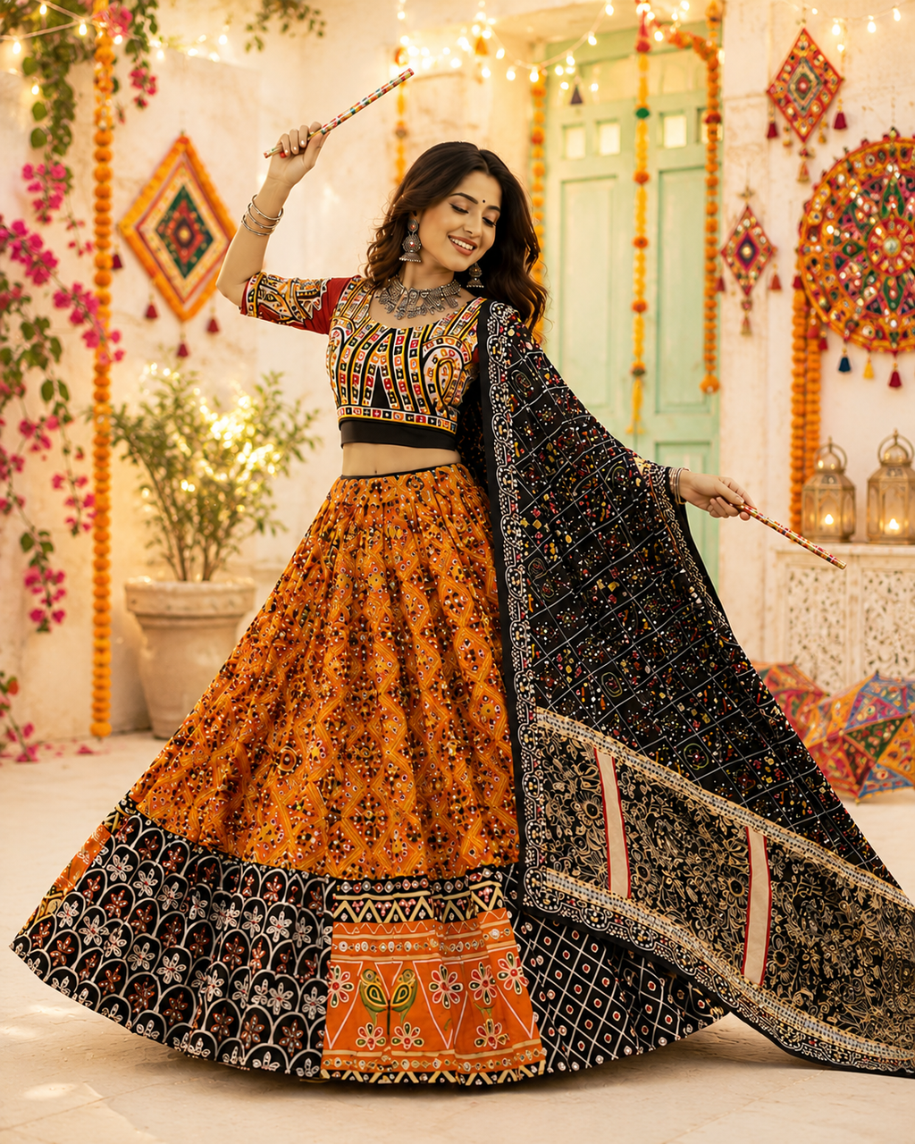 Musterd Yellow Mirror Work Printed Navratri Lehenga Choli