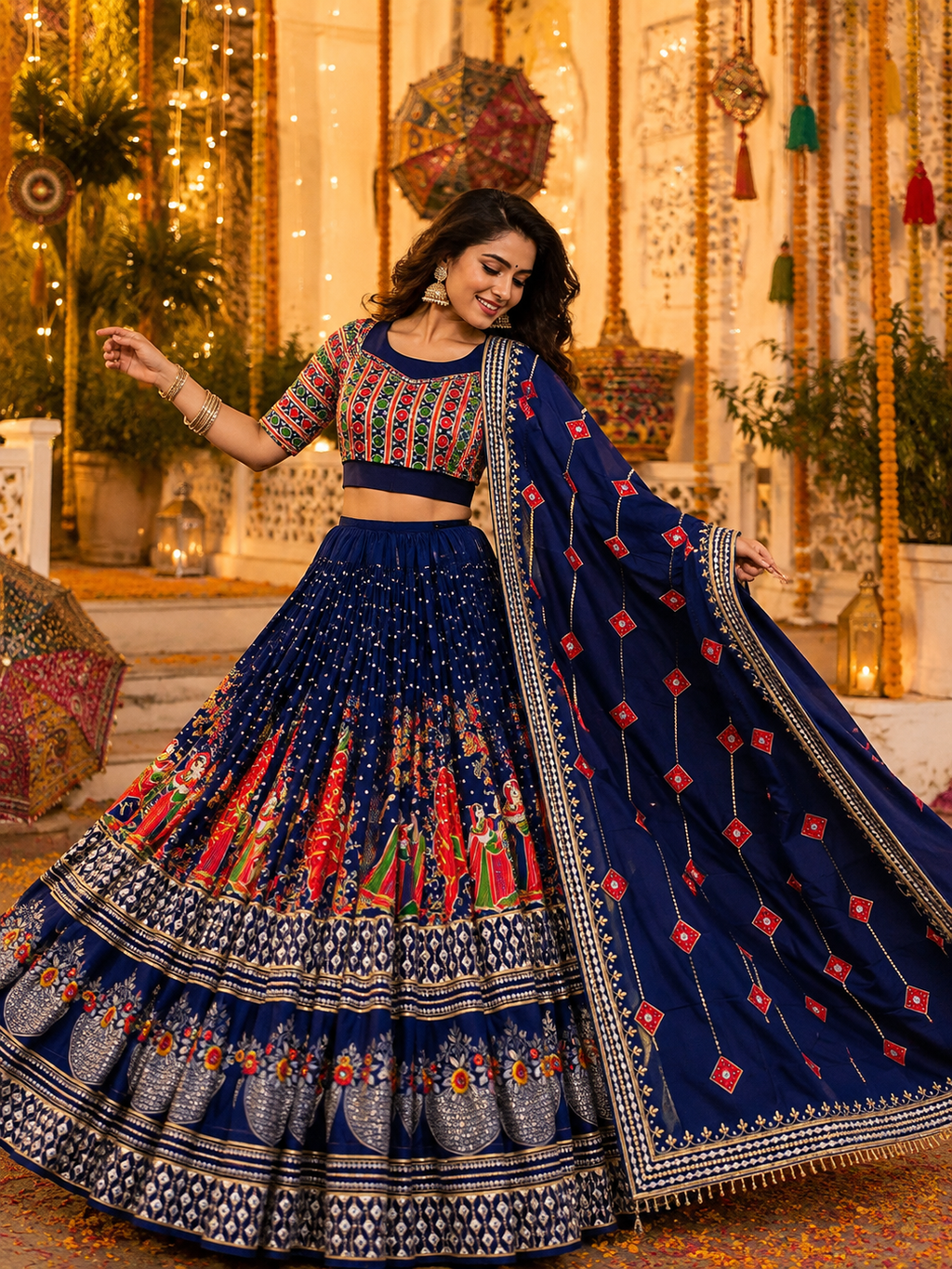 Blue Mirror Work Digital Printed Navratri Lehenga Choli