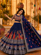 Blue Mirror Work Digital Printed Navratri Lehenga Choli