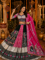Pink - Dark Green Digital Printed Mirror Work Navratri Lehenga Choli