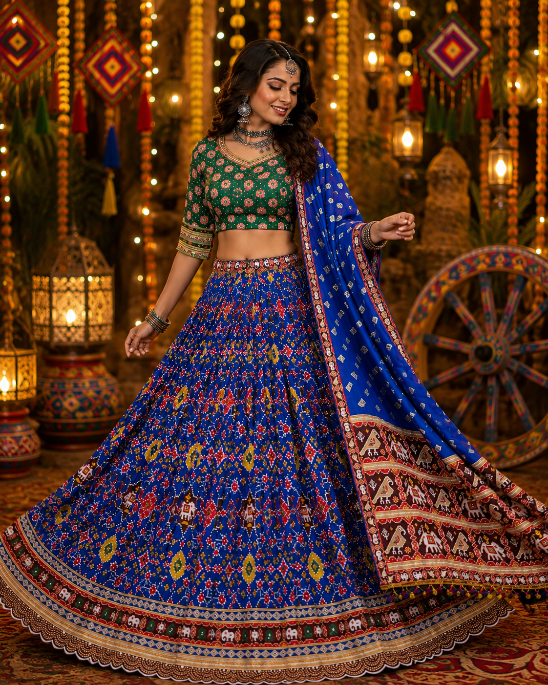 Blue Patola Printed Mirror Work Navratri Lehenga Choli