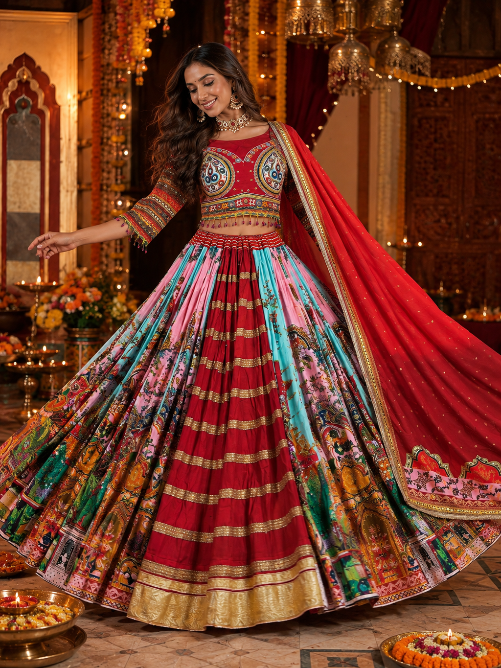 Multi Digital Printed Mirror Work Navratri Lehenga Choli