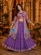 Purple Mirror Work Digital Printed Navratri Lehenga Choli