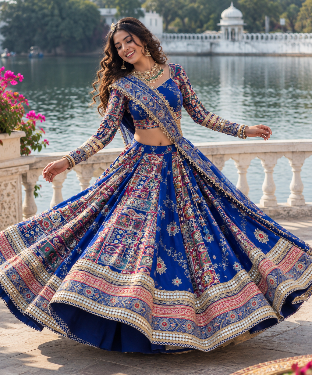 Blue Mirror Work Megic Navratri Lehenga Choli.