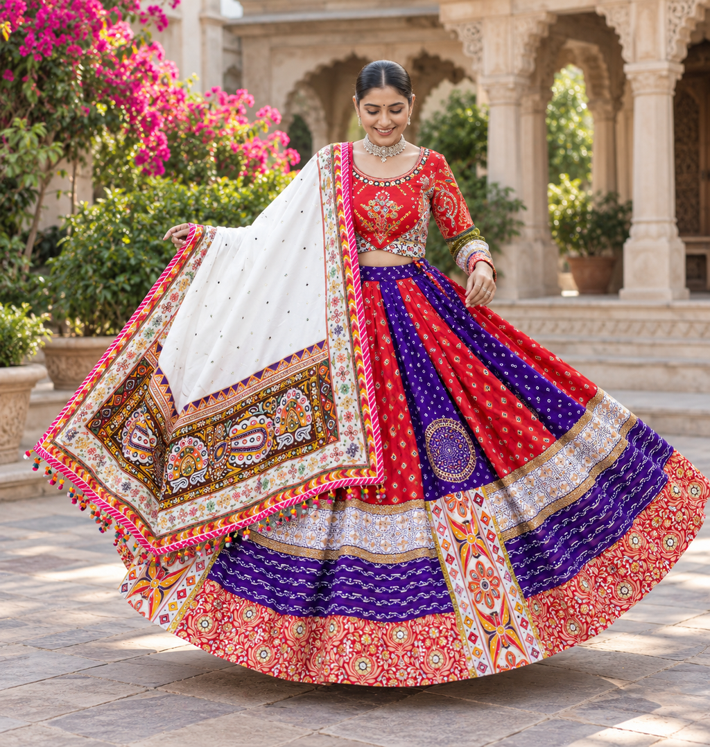Multi Mirror Work Muslin Nvaratri Lehenga Choli