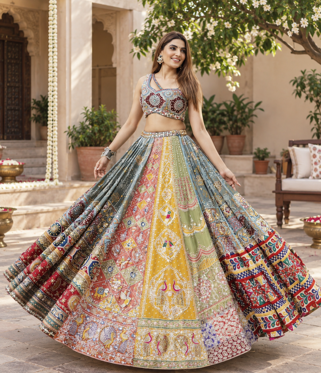 Gray Mirror Work Digital Printed Navratri Lehenga Choli