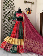Green-Red Color Trendy Printed Mirror Work Navratri Lehenga Choli