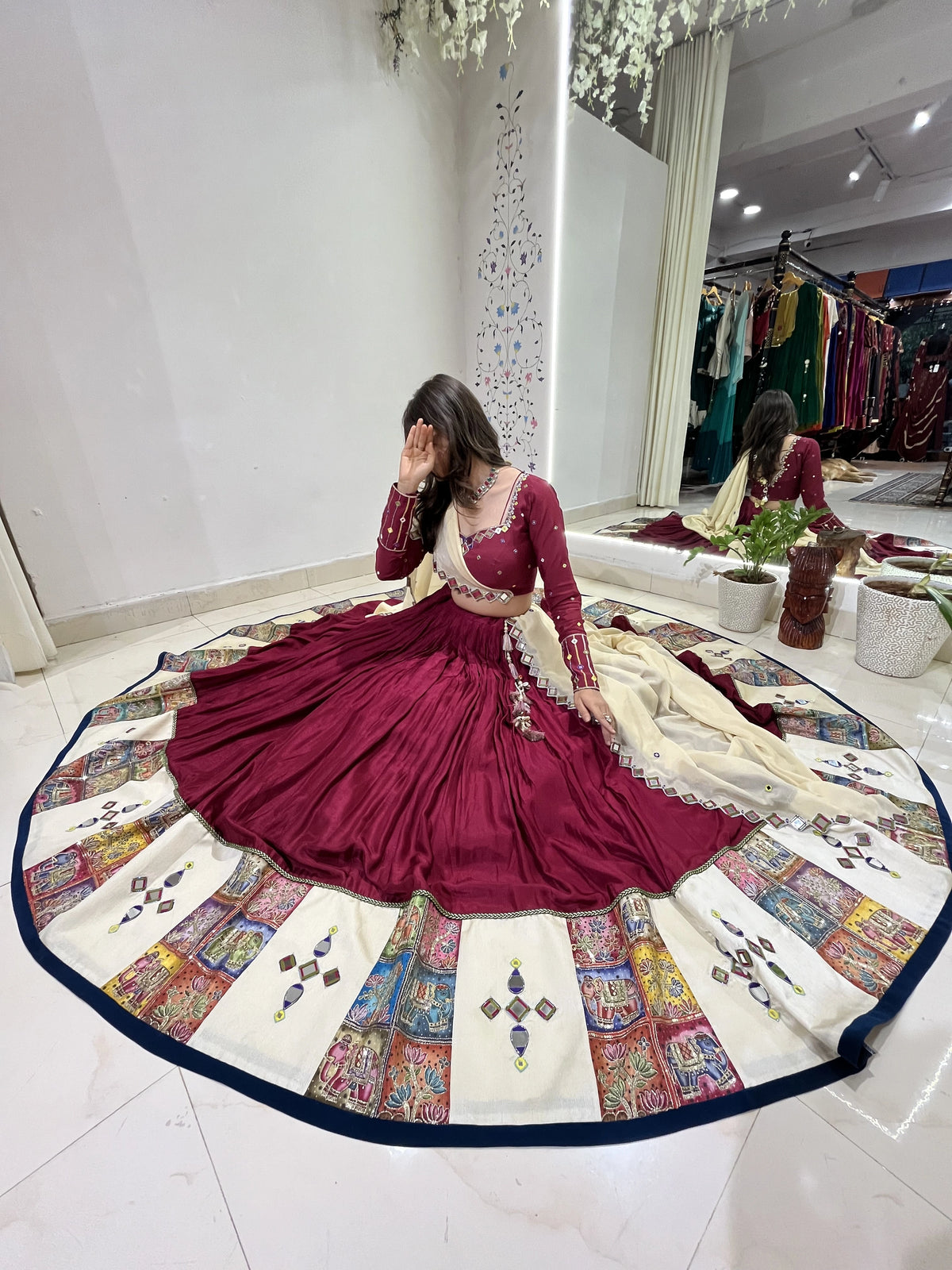 Maroon Cotton Real Mirror Work Lehenga Choli