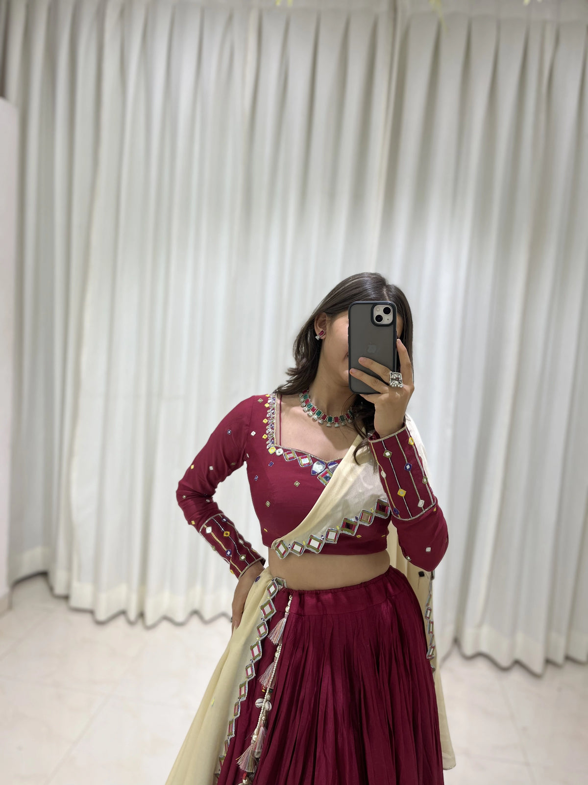 Maroon Cotton Real Mirror Work Lehenga Choli