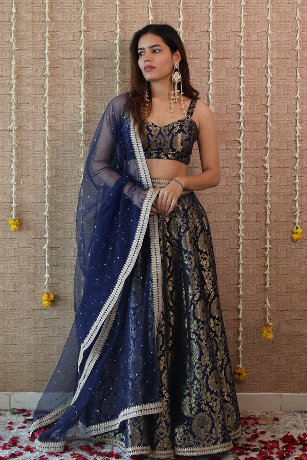 Navy Blue Brocade Lehenga Set