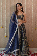 Navy Blue Brocade Lehenga Set