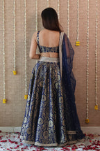 Navy Blue Brocade Lehenga Set