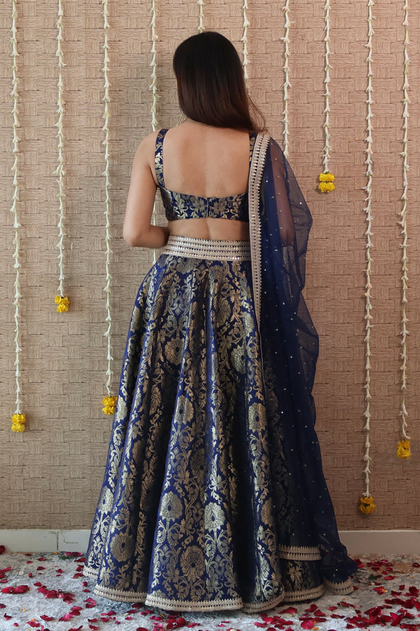 Navy Blue Brocade Lehenga Set
