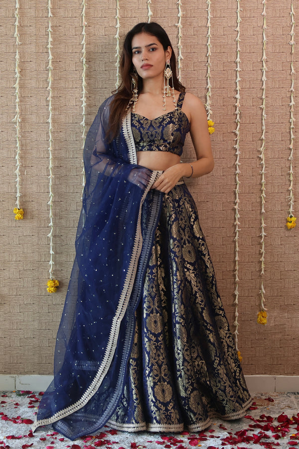 Navy Blue Brocade Lehenga Set