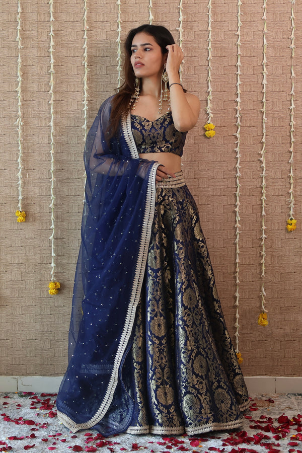 Navy Blue Brocade Lehenga Set