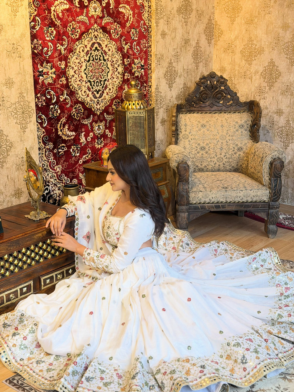 White Floral Mirror Work Lehenga Choli