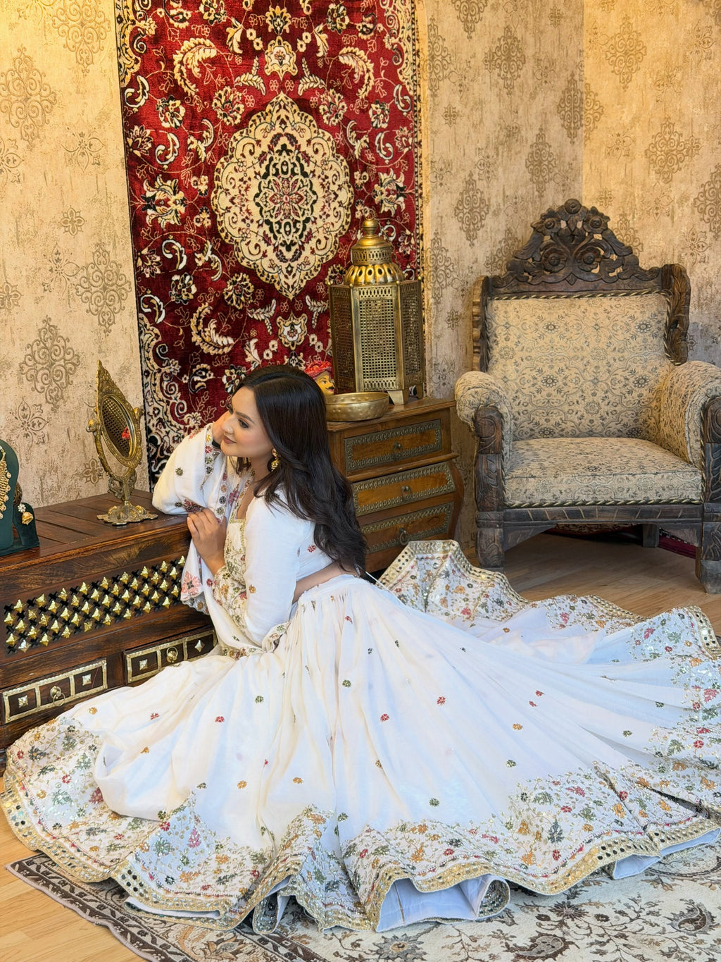 White Floral Mirror Work Lehenga Choli