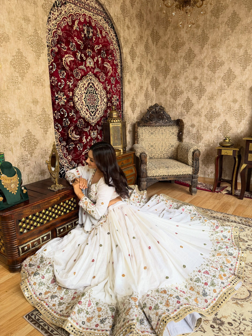 White Floral Mirror Work Lehenga Choli