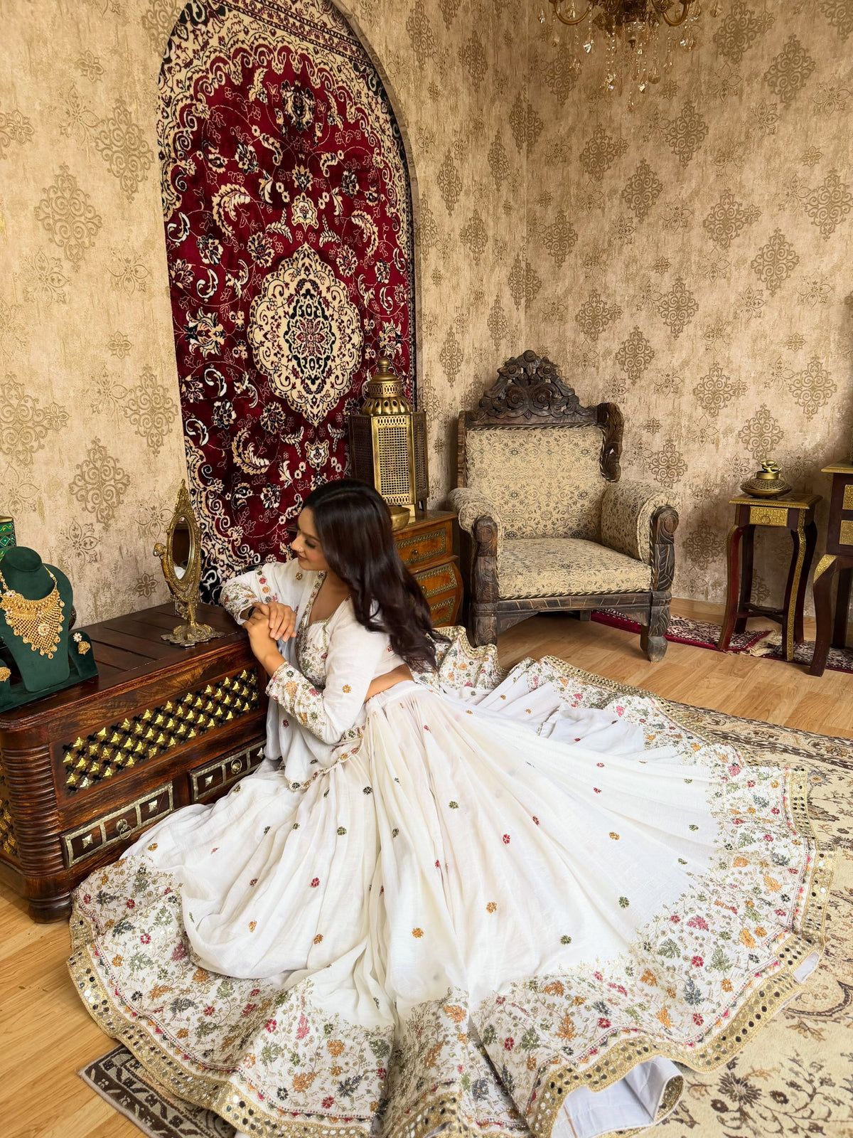 White Floral Mirror Work Lehenga Choli
