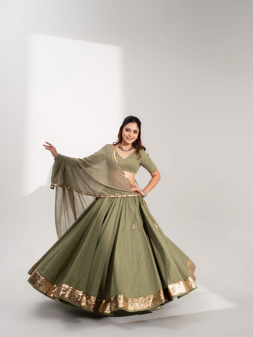 Vamika Olive Green Festive Flared Lehenga Choli Set