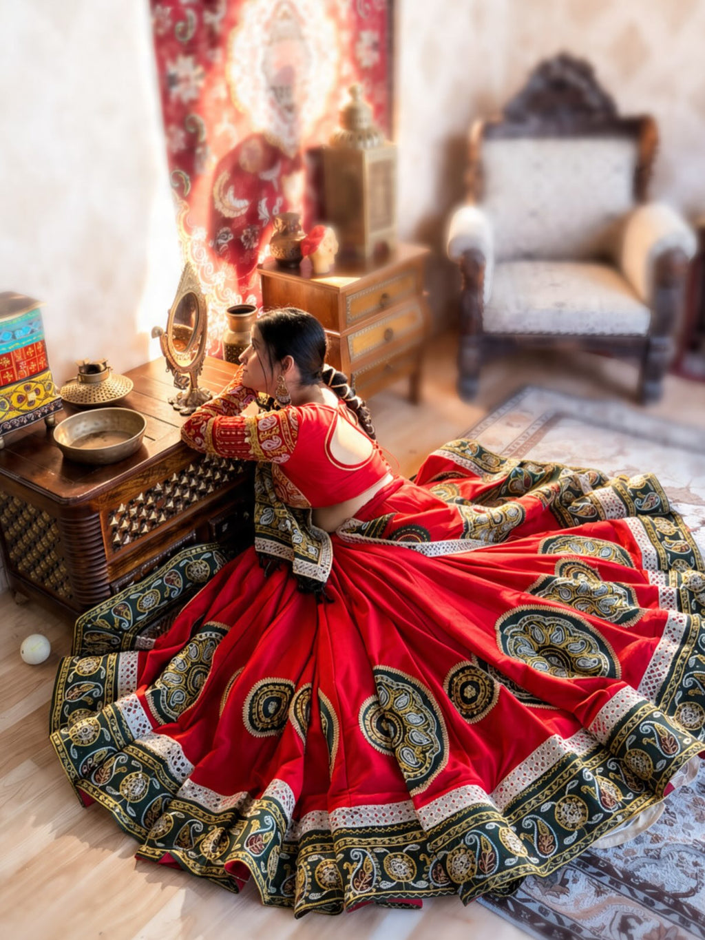 RANGREZ RED MIRROR WORK LEHENGA CHOLI
