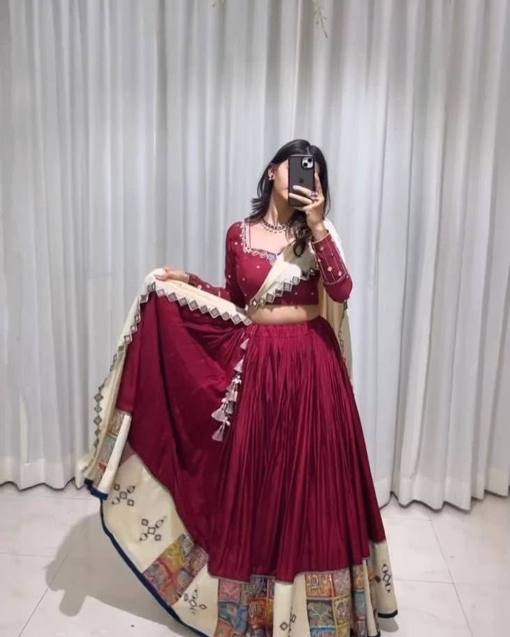 Maroon Cotton Real Mirror Work Lehenga Choli