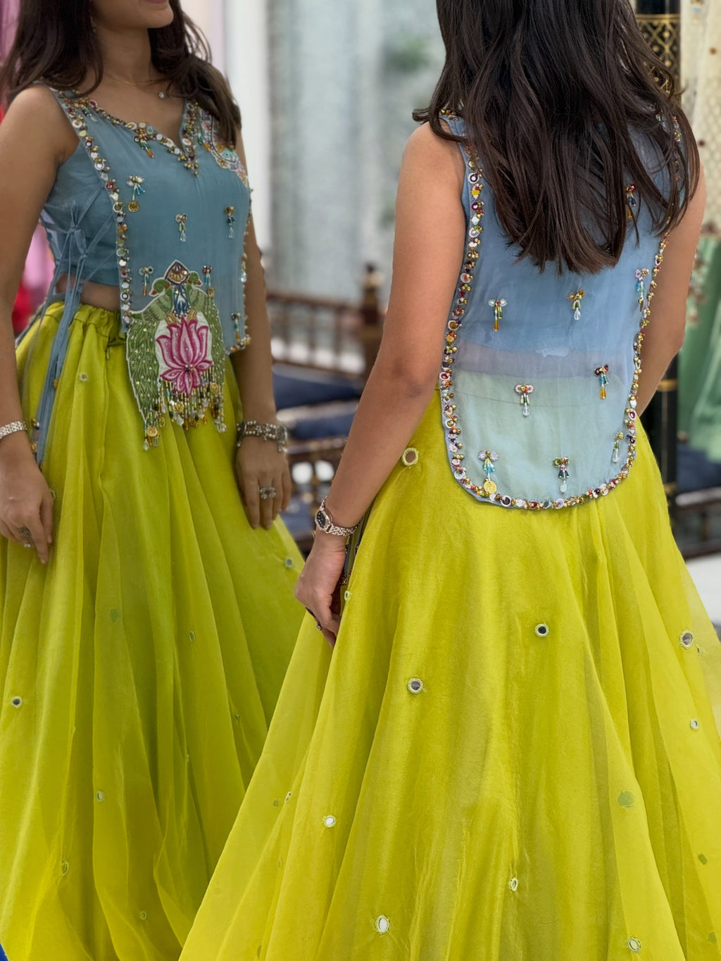 Meher Lime Green Floral Embroidered Lehenga Choli