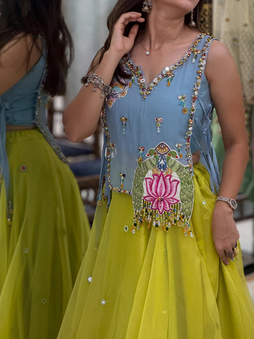 Meher Lime Green Floral Embroidered Lehenga Choli