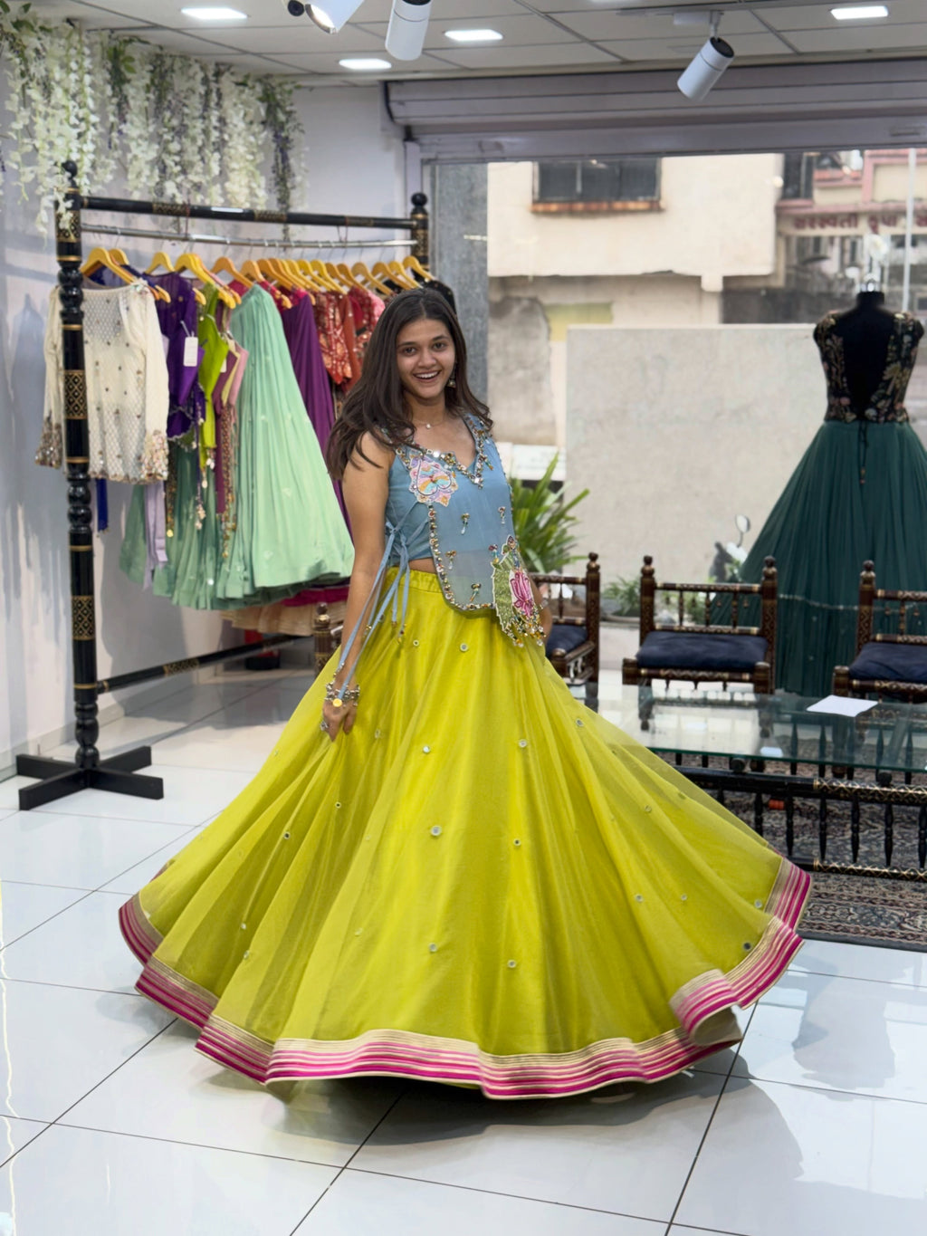 Meher Lime Green Floral Embroidered Lehenga Choli