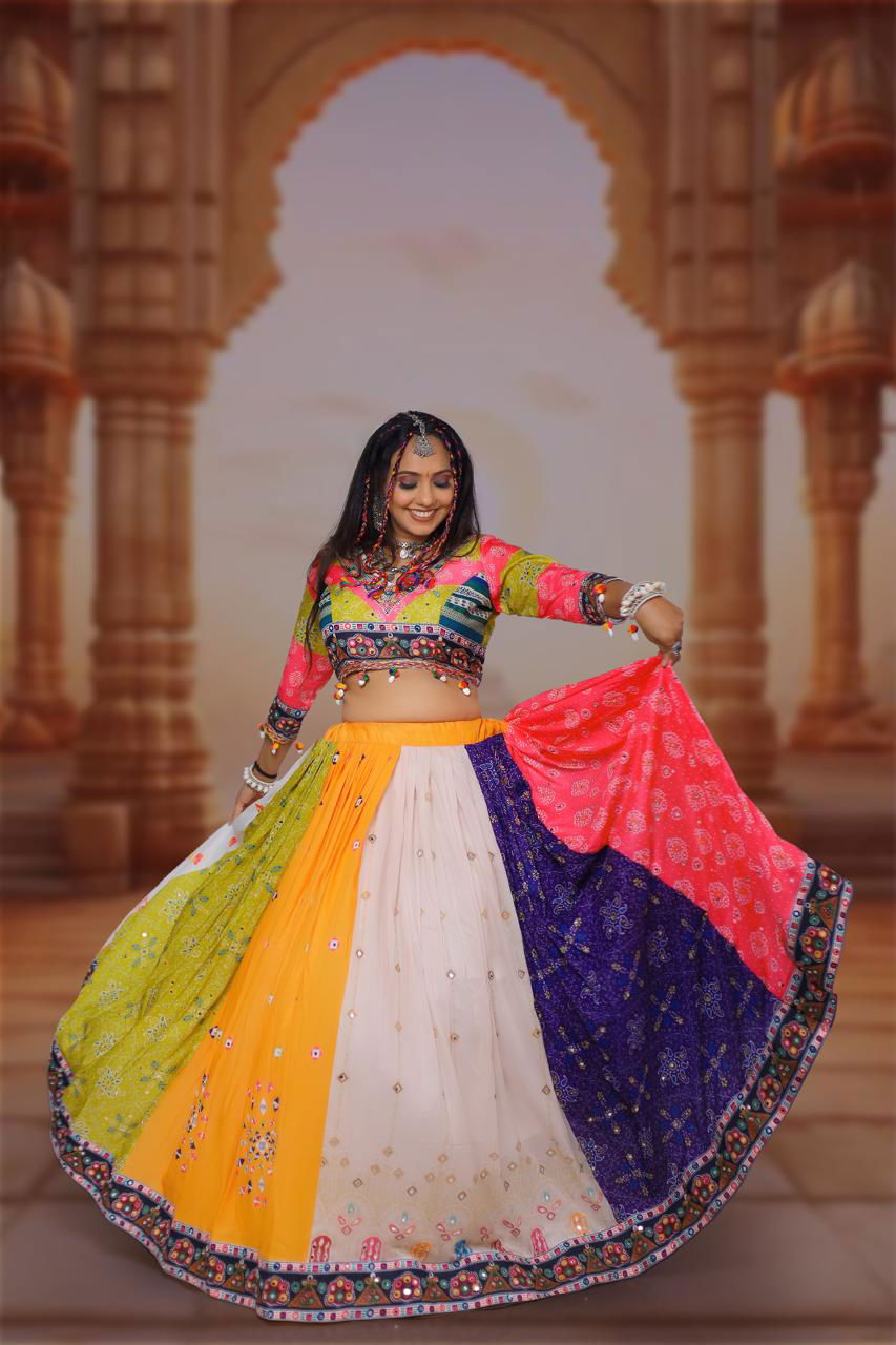 Multi Color Digital Printed Mirror Work Muslin  Lehenga Choli