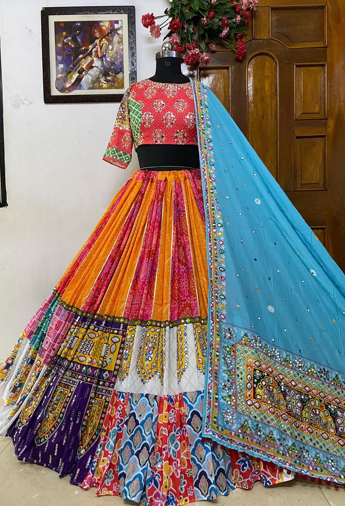 Pink - Orange Mirror Work Navratri Lehenga Choli