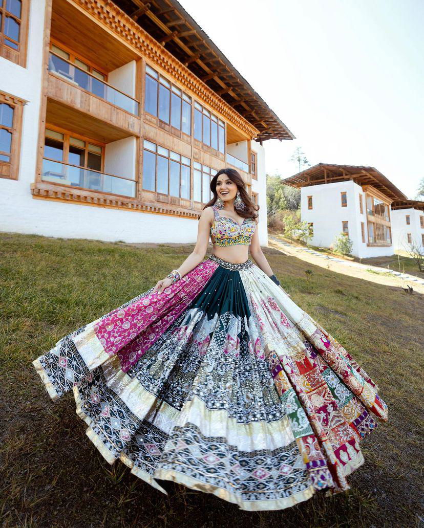 Pink - Dark Green Digital Printed Mirror Work Navratri Lehenga Choli