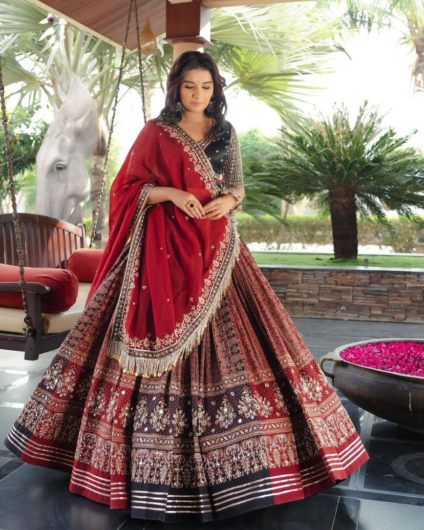 Red Digital Print Mirror Work Cotton Navratri Lehenga Choli