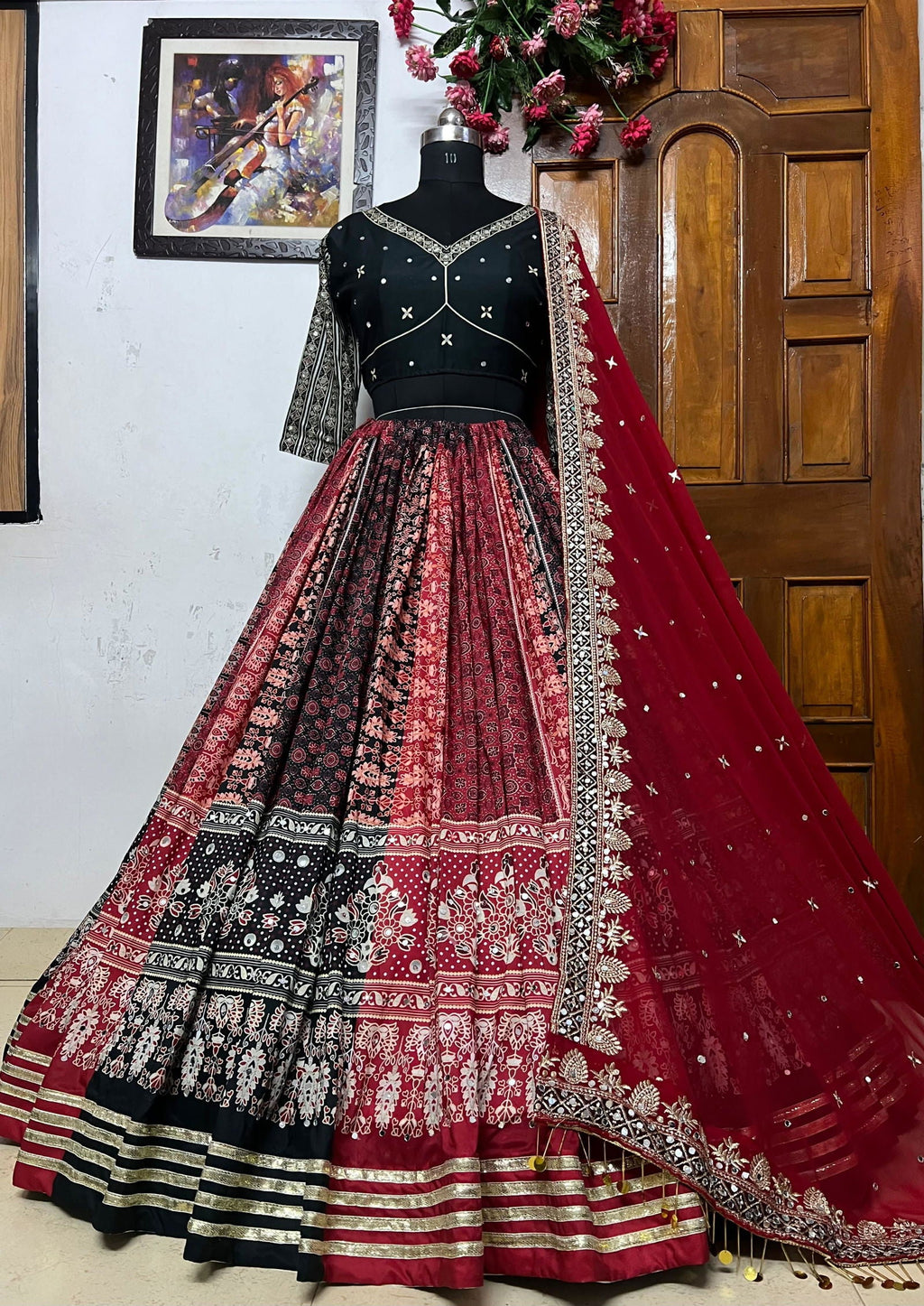 Red Digital Print Mirror Work Cotton Navratri Lehenga Choli